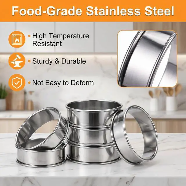 Alt view image 4 of 7 - 16-Pack English Muffin Rings, Stainless Steel Crumpet Molds (4" & 3.15"), Double-Rolled Non-Stick Tart Rings for Baking, Frying Eggs, Pancakes & Breakfast Sandwiches