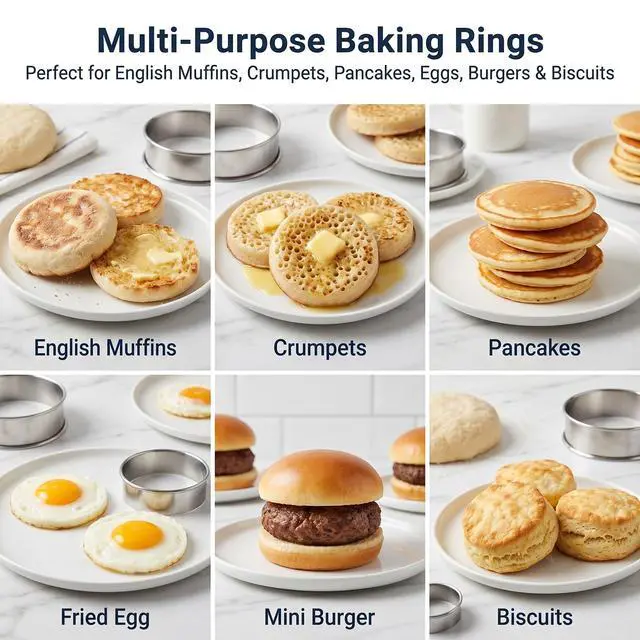 Alt view image 7 of 7 - 16-Pack English Muffin Rings, Stainless Steel Crumpet Molds (4" & 3.15"), Double-Rolled Non-Stick Tart Rings for Baking, Frying Eggs, Pancakes & Breakfast Sandwiches
