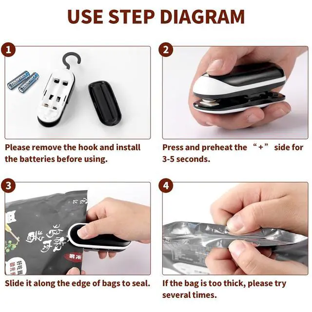 Alt view image 4 of 6 - Mini Bag Sealer, 3 Packs Portable Heat Vacuum Sealers, Chip Bag Sealer with Cutter 2 in 1 Heat Sealer Food Sealer Bag Resealer Handheld with Hook for Plastic Bags Food Storage