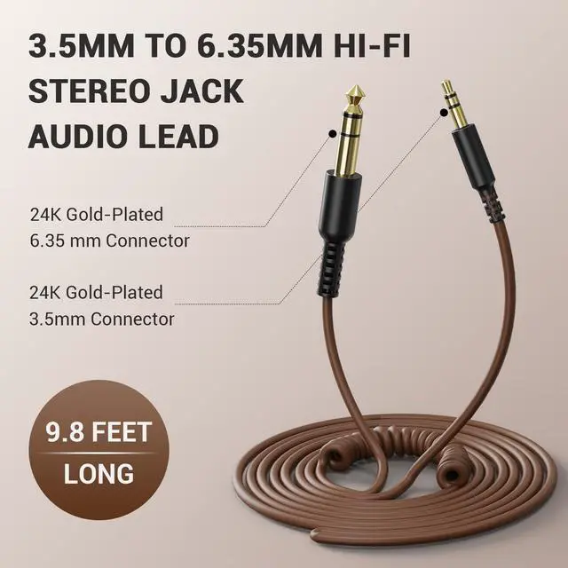 Alt view image 4 of 7 - 6.35mm to 3.5mm 6.6-9.8FT Stereo Adapter Cable Compatible with AMPs, Electronic Keyboards, Mixers, Guitars and Pro10/Pro30/Pro50 Headphones of OneOdio-Brown