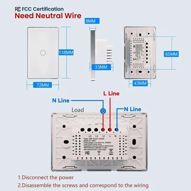 Alt view image 2 of 7 - Smart Switch Aluminum Frame,Need Neutral Wire,White 1 Button