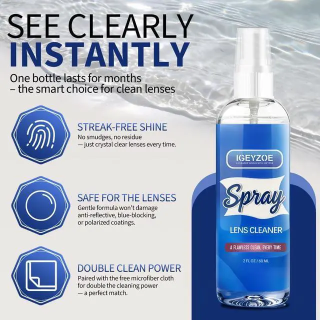 Alt view image 2 of 7 - Lens Cleaner Spray Kit - (2x2oz) Glasses Cleaner Bottle + (4X) Microfiber Cloth 6.9"×5.7", Alcohol Free Eyeglasses, Screen, and Camera Cleaning Kit (Sky Blue+Amethyst, 6 Piece Set)