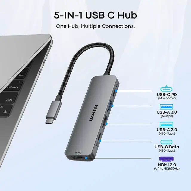 Alt view image 2 of 7 - USB C Hub Multiport Adapter 5 in 1, 4K USBC to HDMI Dongle with 100W PD, 5Gbps USB-A 3.0, USB-C Data, USB C Splitter Docking Station for MacBook Neo/Pro/Air, iPad, XPS, Surface Laptop