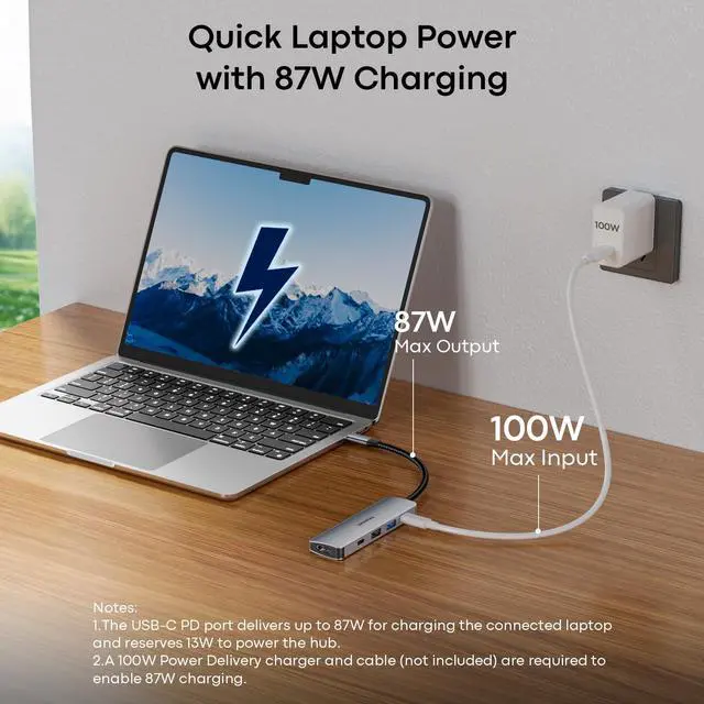 Alt view image 4 of 7 - USB C Hub Multiport Adapter 5 in 1, 4K USBC to HDMI Dongle with 100W PD, 5Gbps USB-A 3.0, USB-C Data, USB C Splitter Docking Station for MacBook Neo/Pro/Air, iPad, XPS, Surface Laptop