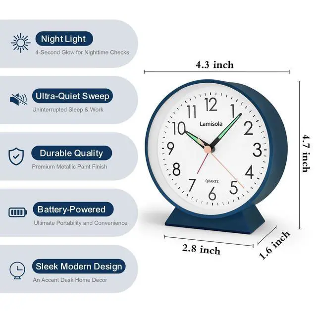 Alt view image 2 of 7 - 4.5 Inch Small Silent Analog Alarm Clock, Retro Battery Operated Desk Clock with Night Light Stays On 4 Seconds Vintage Metal Table Clock for Bedside, Bedroom, Office, Bathroom - Navy Blue
