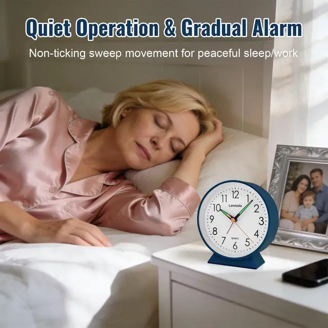 Alt view image 4 of 7 - 4.5 Inch Small Silent Analog Alarm Clock, Retro Battery Operated Desk Clock with Night Light Stays On 4 Seconds Vintage Metal Table Clock for Bedside, Bedroom, Office, Bathroom - Navy Blue