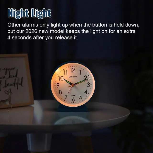 Alt view image 5 of 7 - 4.5 Inch Small Silent Analog Alarm Clock, Retro Battery Operated Desk Clock with Night Light Stays On 4 Seconds Vintage Metal Table Clock for Bedside, Bedroom, Office, Bathroom - Navy Blue