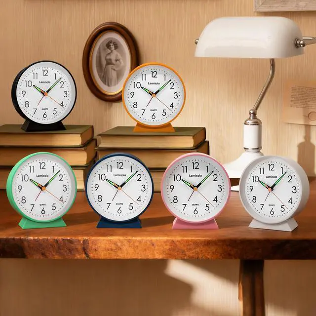 Alt view image 7 of 7 - 4.5 Inch Small Silent Analog Alarm Clock, Retro Battery Operated Desk Clock with Night Light Stays On 4 Seconds Vintage Metal Table Clock for Bedside, Bedroom, Office, Bathroom - Navy Blue