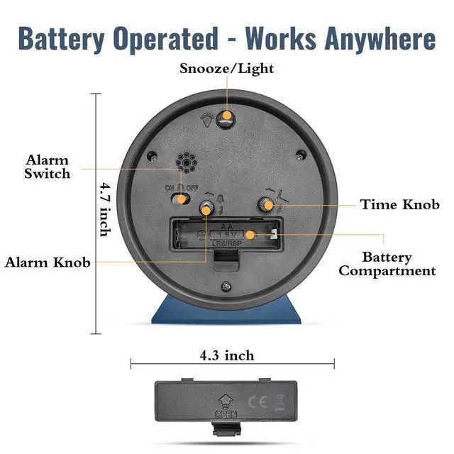 Alt view image 6 of 7 - 4.5 Inch Small Silent Analog Alarm Clock, Retro Battery Operated Desk Clock with Night Light Stays On 4 Seconds Vintage Metal Table Clock for Bedside, Bedroom, Office, Bathroom - Navy Blue
