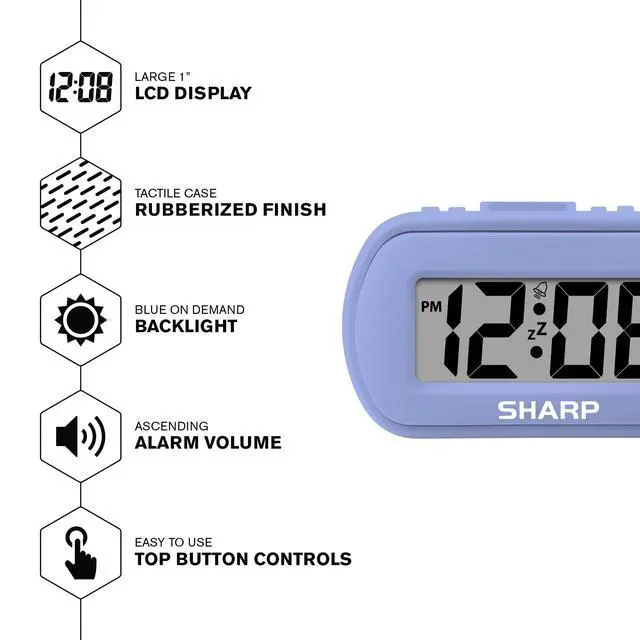 Alt view image 3 of 7 - Digital Alarm Clock Tactile Case with Soft Rubberized Finish - Battery Operated Blue Backlight on Demand Ascending Alarm Easy to Use Lavender