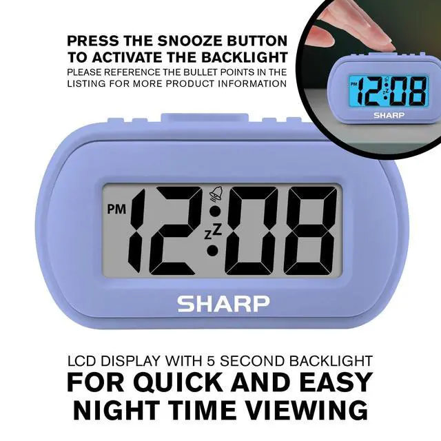 Alt view image 5 of 7 - Digital Alarm Clock Tactile Case with Soft Rubberized Finish - Battery Operated Blue Backlight on Demand Ascending Alarm Easy to Use Lavender