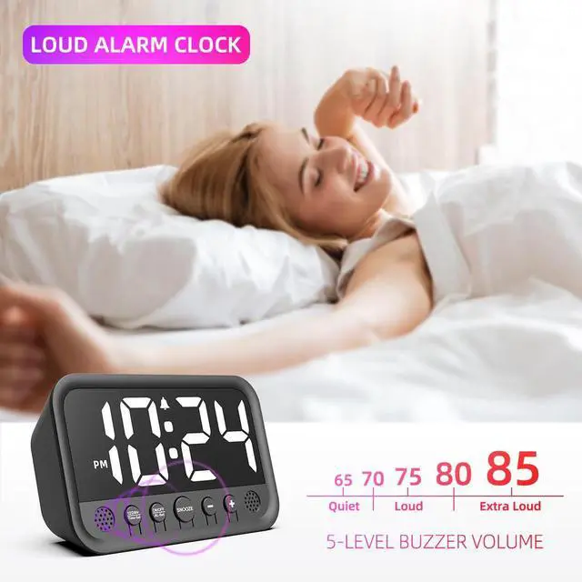 Alt view image 2 of 7 - Small LED Digital Clock for Bedroom, Loud Alarm Clock for Heavy Sleepers Adults, Teens | Plug-In Electric Desk Clock | Simple Bedside Nightstand Clock with Adjustable Volume/Brightness/Snooze White