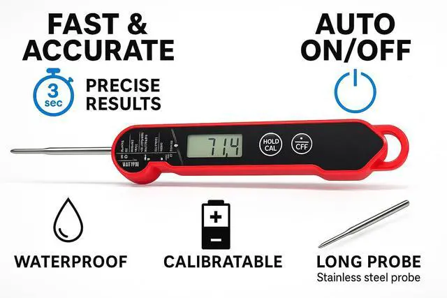 Alt view image 3 of 7 - Ultra Fast Waterproof Thermometer with Backlight, Foldable Probe & Magnetic Back Commercial-Grade Instant Read for Grilling, Cooking, BBQ, Smoker, Kitchen Use