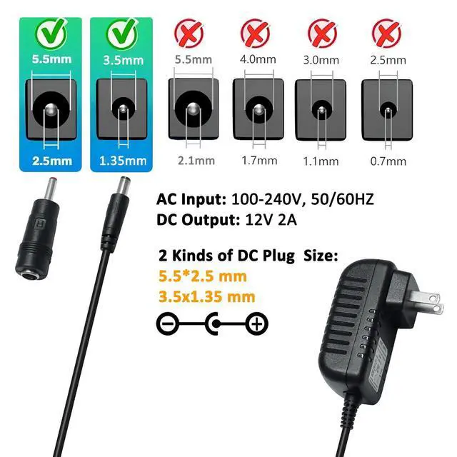 Alt view image 2 of 6 - 12V 2A Power Supply 5.5mmx2.5mm and 3.5mmx1.35mm Tip AC to DC Adapter 100-240V to 12vdc Power Cord 4ft 12 Volt 2amp 24W 5.5x2.5mm 3.5x1.35mm for CCTV Camera LED Light Router (Not 5.5x2.1mm)