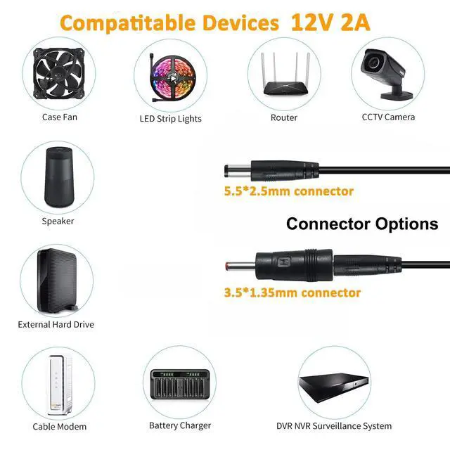 Alt view image 3 of 6 - 12V 2A Power Supply 5.5mmx2.5mm and 3.5mmx1.35mm Tip AC to DC Adapter 100-240V to 12vdc Power Cord 4ft 12 Volt 2amp 24W 5.5x2.5mm 3.5x1.35mm for CCTV Camera LED Light Router (Not 5.5x2.1mm)