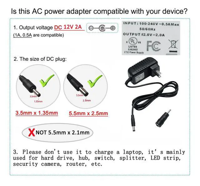 Alt view image 5 of 6 - 12V 2A Power Supply 5.5mmx2.5mm and 3.5mmx1.35mm Tip AC to DC Adapter 100-240V to 12vdc Power Cord 4ft 12 Volt 2amp 24W 5.5x2.5mm 3.5x1.35mm for CCTV Camera LED Light Router (Not 5.5x2.1mm)