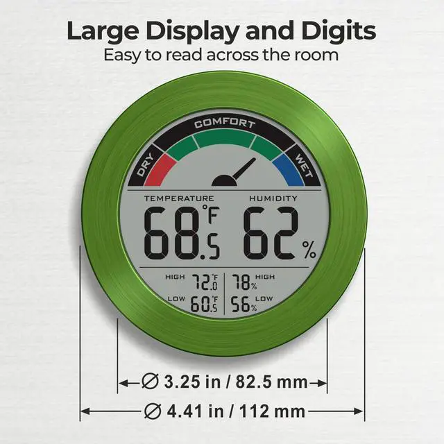 Alt view image 2 of 7 - Digital Hygrometer Indoor Thermometer Humidity Meter Room Temperature Humidity Monitor, Metal Frame with Brushed Stainless Finish, DM9442 (Green Stainless)
