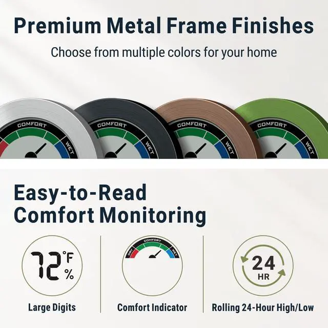 Alt view image 3 of 7 - Digital Hygrometer Indoor Thermometer Humidity Meter Room Temperature Humidity Monitor, Metal Frame with Brushed Stainless Finish, DM9442 (Green Stainless)