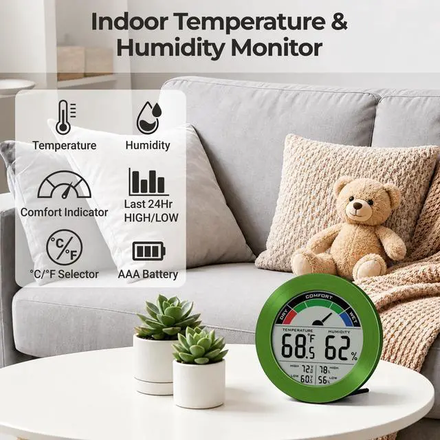 Alt view image 5 of 7 - Digital Hygrometer Indoor Thermometer Humidity Meter Room Temperature Humidity Monitor, Metal Frame with Brushed Stainless Finish, DM9442 (Green Stainless)