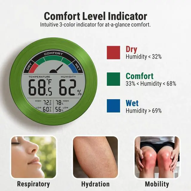 Alt view image 4 of 7 - Digital Hygrometer Indoor Thermometer Humidity Meter Room Temperature Humidity Monitor, Metal Frame with Brushed Stainless Finish, DM9442 (Green Stainless)