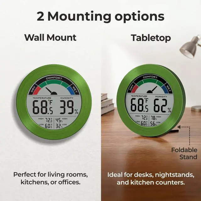 Alt view image 6 of 7 - Digital Hygrometer Indoor Thermometer Humidity Meter Room Temperature Humidity Monitor, Metal Frame with Brushed Stainless Finish, DM9442 (Green Stainless)