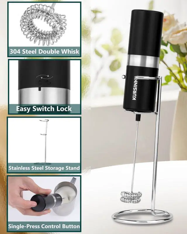 Alt view image 2 of 6 - Powerful Milk Frother Handheld Battery Operated, Double Whisk Foam Frother Maker with Stainless Steel Stand, Drink Mixer For Coffee, Lattes, Matcha, Cappuccino (13000RPM Battery Operated)