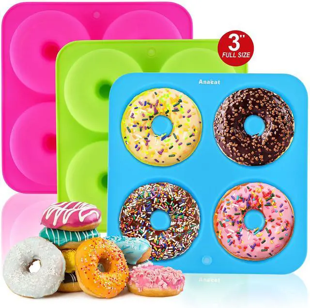 Main image of Full Size Donut Baking Pans 3 Pack, Big Size 4 Inch Silicone Baking Mold, Just Pop Out! Non Stick 6-Cavity Doughnut Trays for Bagels Donuts Cake Biscuit - BPA Free & Dishwasher Safe (3 colors)