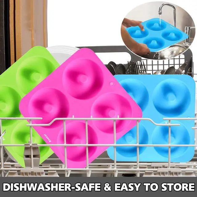 Alt view image 7 of 7 - Full Size Donut Baking Pans 3 Pack, Big Size 4 Inch Silicone Baking Mold, Just Pop Out! Non Stick 6-Cavity Doughnut Trays for Bagels Donuts Cake Biscuit - BPA Free & Dishwasher Safe (3 colors)