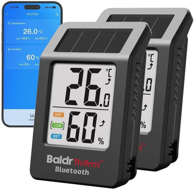 Main image of Bluetooth Thermometer Wireless, Smart Thermometer with App Control, 200ft Coverage, Offline Storage, Trend Charts, Real-Time Alerts for Home, Pet Cage, Indoor/Outdoor Use, Black, 2pack