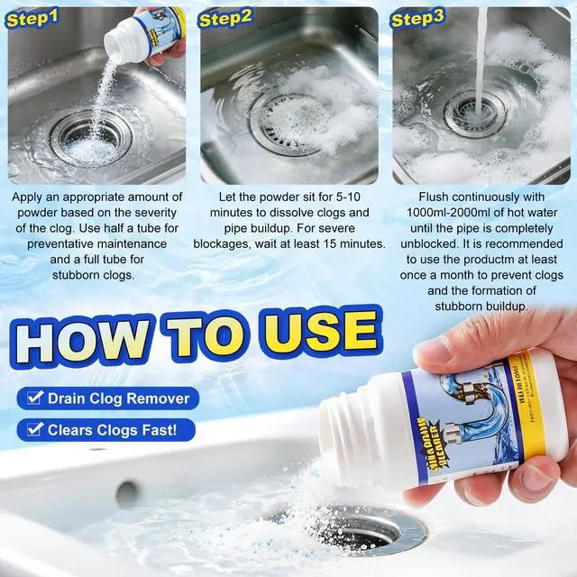 Alt view image 5 of 6 - Sink Drain Cleaner Powder,Pipeline Dredging Agent Powder Fast Foaming Clog Remover & Preventive Maintenance for Kitchen Sinks, Bathroom Showers & Toilets,Clogged Drain Remover (220g)
