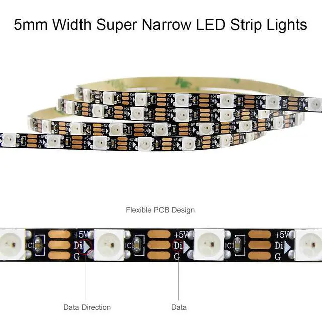 Alt view image 4 of 7 - WS2812B LED Strip, 5mm Width Super Narrow RGB Addressable Light Strip 6.6ft 120 LEDs Programmable Dream Color Digital Pixel Rope Light 5V for Home Theater Bedroom Bar Decor