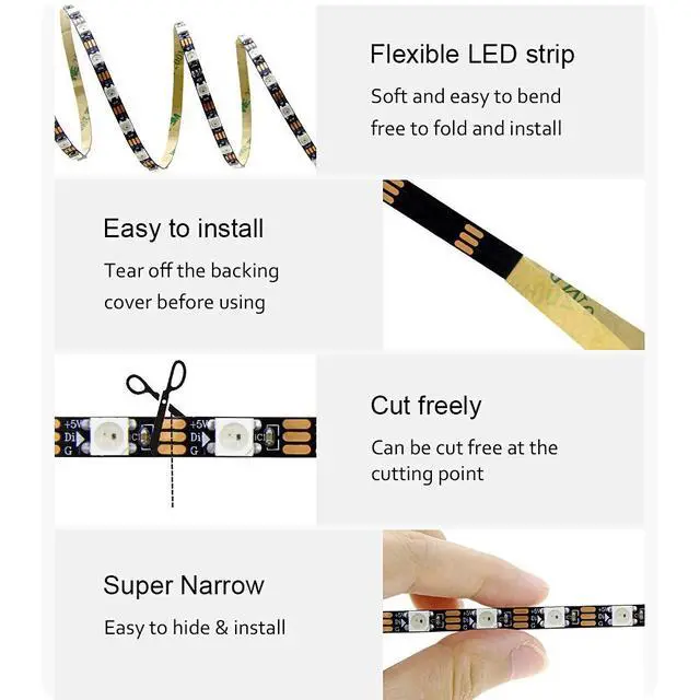 Alt view image 5 of 7 - WS2812B LED Strip, 5mm Width Super Narrow RGB Addressable Light Strip 6.6ft 120 LEDs Programmable Dream Color Digital Pixel Rope Light 5V for Home Theater Bedroom Bar Decor