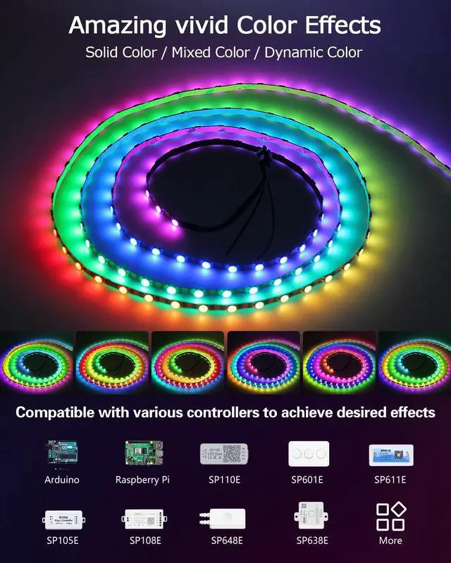 Alt view image 2 of 7 - WS2812B LED Strip, 5mm Width Super Narrow RGB Addressable Light Strip 6.6ft 120 LEDs Programmable Dream Color Digital Pixel Rope Light 5V for Home Theater Bedroom Bar Decor