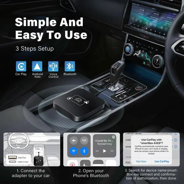 Alt view image 2 of 7 - Wireless CarPlay Adapter 2 IN 1 Plug and Play Wired to Wireless Car Play Adapter Android Auto Dongle, Aux Compatible All Car Models Smart Carplay Box Support iPhone 6+/iOS 10+/Android 11.0+