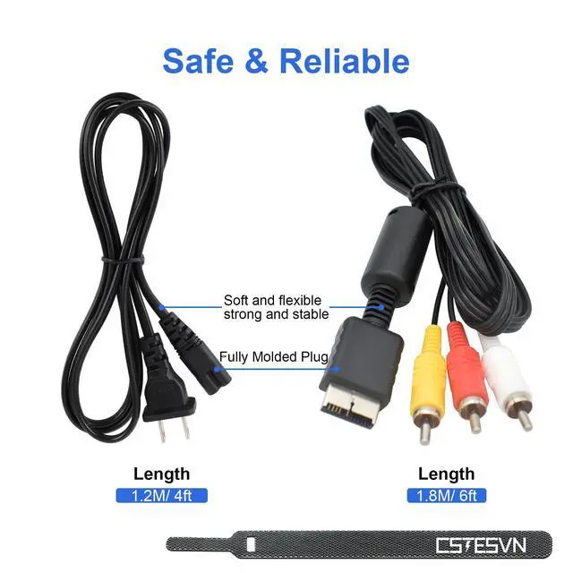 Alt view image 5 of 7 - Power Cord and AV Cable for PS1 PS2 PS3, AC Power Cord and AV Cable Compatible with PlayStation 1 2 3, 2 Prong Charger Adapter & Audio Video RCA Replacement Set