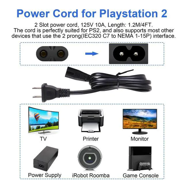 Alt view image 3 of 7 - Power Cord and AV Cable for PS1 PS2 PS3, AC Power Cord and AV Cable Compatible with PlayStation 1 2 3, 2 Prong Charger Adapter & Audio Video RCA Replacement Set