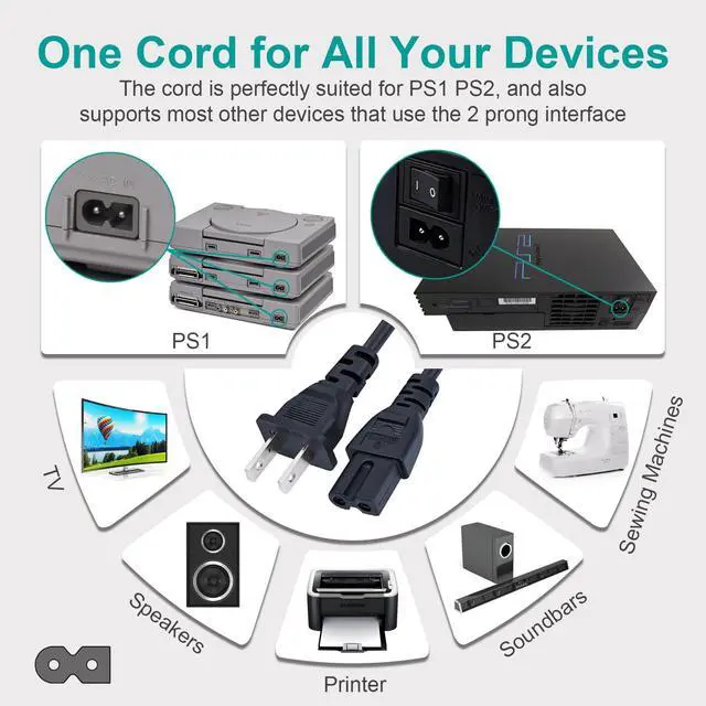 Alt view image 4 of 7 - Power Cord and AV Cable for PS2 PS1, 2 Prong AC Power Cord and Audio Video Cable Compatible with PlayStation 1 2 Fat Console Replacement Set