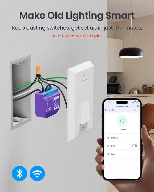 Alt view image 3 of 7 - WiFi Switch Compatible with Alexa/Apple Home/Google Home/Matter (Hub Required), Power-Measuring Relay Switch Module with Integrated Bluetooth Repeater and Dry Contact, 2.4 GHz, 16 A