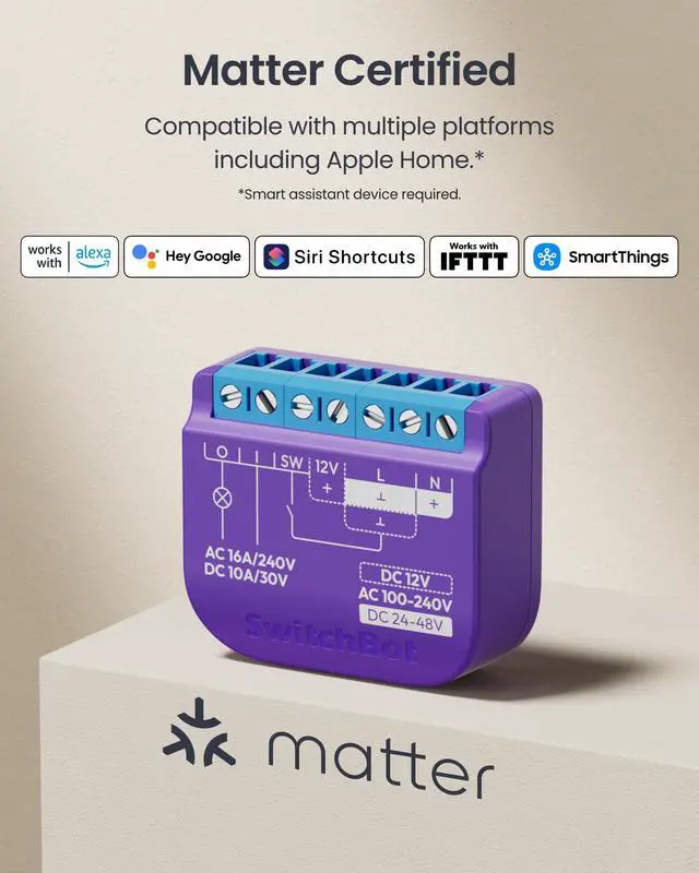 Alt view image 4 of 7 - WiFi Switch Compatible with Alexa/Apple Home/Google Home/Matter (Hub Required), Power-Measuring Relay Switch Module with Integrated Bluetooth Repeater and Dry Contact, 2.4 GHz, 16 A