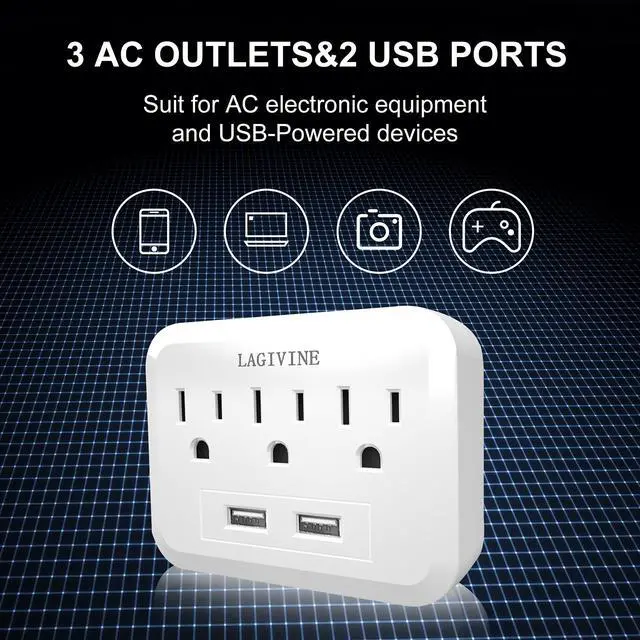 Alt view image 2 of 7 - USB Wall Power Strip, 3 Outlet Extender with 2 USB Ports Outlet Adapter, Multi Plug Outlet Splitter for Travel, Home Office Accessories (White)