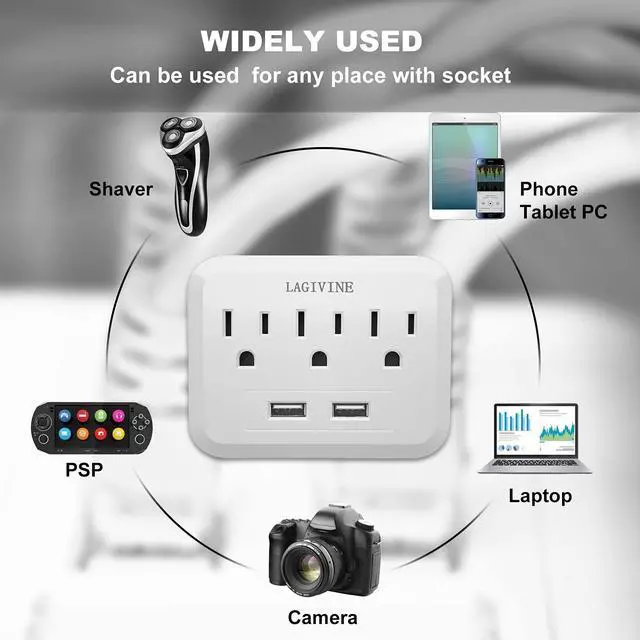 Alt view image 6 of 7 - USB Wall Power Strip, 3 Outlet Extender with 2 USB Ports Outlet Adapter, Multi Plug Outlet Splitter for Travel, Home Office Accessories (White)
