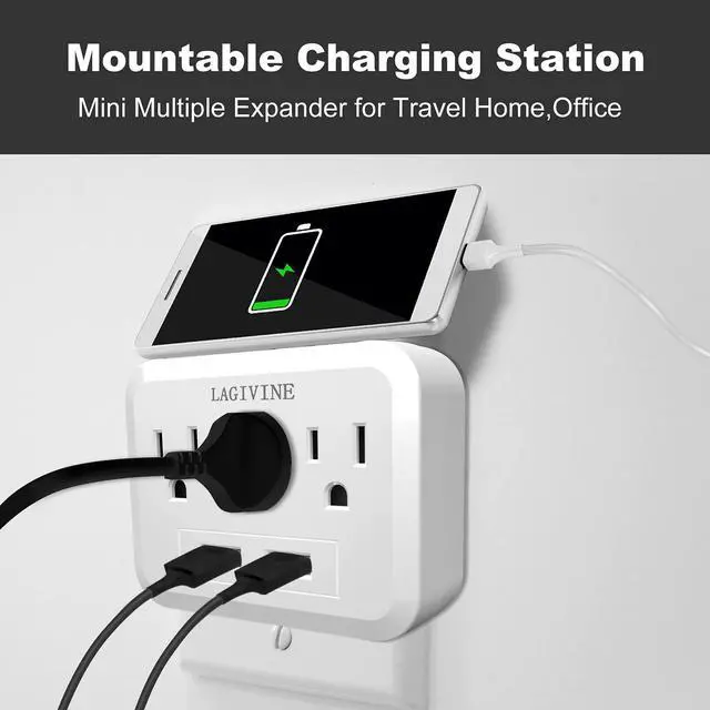 Alt view image 3 of 7 - USB Wall Power Strip, 3 Outlet Extender with 2 USB Ports Outlet Adapter, Multi Plug Outlet Splitter for Travel, Home Office Accessories (White)