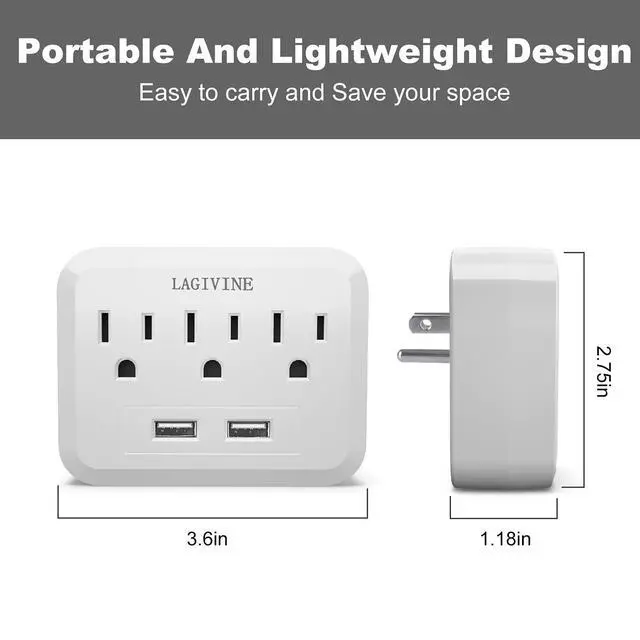 Alt view image 7 of 7 - USB Wall Power Strip, 3 Outlet Extender with 2 USB Ports Outlet Adapter, Multi Plug Outlet Splitter for Travel, Home Office Accessories (White)