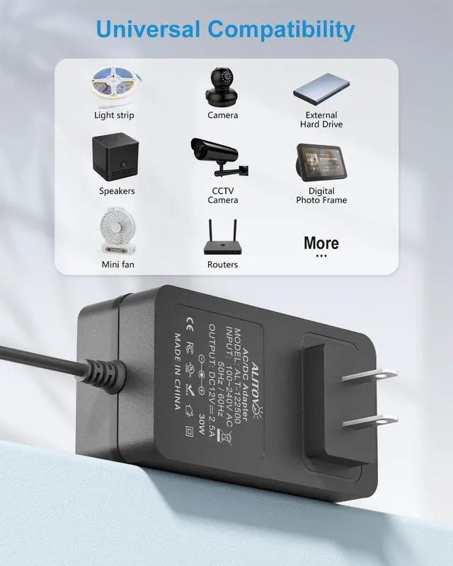 Alt view image 7 of 7 - 12V DC Power Supply 2.5A AC Adapter 100-240V to 12 Volt Transformer 2.5Amp 2A 6.4FT 12V Power Supply Cord 5.5 x 2.5mm with Wiring Terminal for LED Light CCTV Security Camera PC Monitor Router
