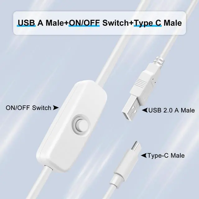 Alt view image 2 of 7 - 2Pcs 6.6FT 5V USB Type C Switch Extension Cable, USB A to Type C Male Power USB Charging Cord Adapter Connector with On Off Switch Cable for Lamp/5V Fan, LED Strip Lighting(White, 2Pcs)