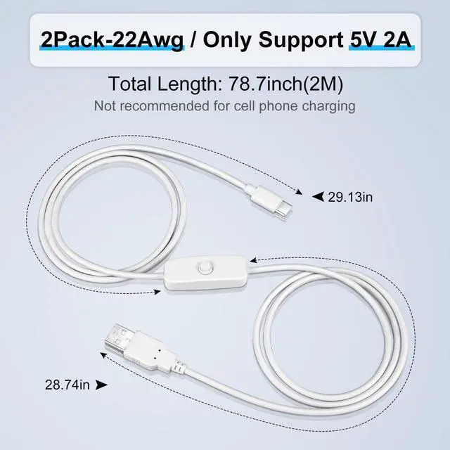 Alt view image 4 of 7 - 2Pcs 6.6FT 5V USB Type C Switch Extension Cable, USB A to Type C Male Power USB Charging Cord Adapter Connector with On Off Switch Cable for Lamp/5V Fan, LED Strip Lighting(White, 2Pcs)