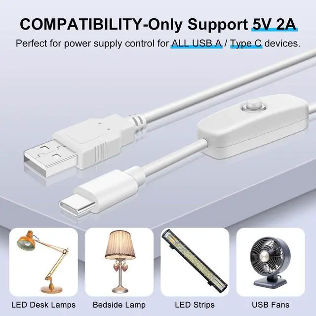 Alt view image 5 of 7 - 2Pcs 6.6FT 5V USB Type C Switch Extension Cable, USB A to Type C Male Power USB Charging Cord Adapter Connector with On Off Switch Cable for Lamp/5V Fan, LED Strip Lighting(White, 2Pcs)
