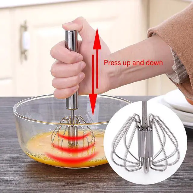 Alt view image 5 of 7 - 2 PCS Stainless Steel Semi-Automatic Whisk, Hand Push Rotary Whisk Blender, Versatile Milk Frother for Blending, Whisking, Stirring (12 Inch)