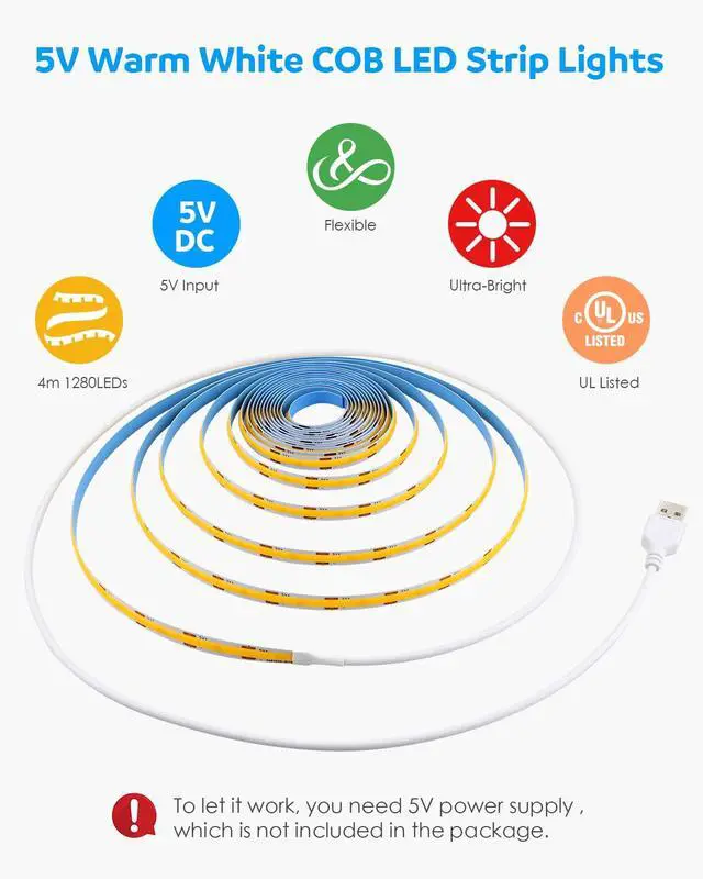 Alt view image 3 of 7 - 13.12FT/4M USB COB LED Strip Lights Warm White LED TV Backlight with Strong Self-Adhesive Flexible for Bedroom Shelves Bedframe Headboard Closet Wardrobe Display Case 320LEDs/M 3000K 8MM Width