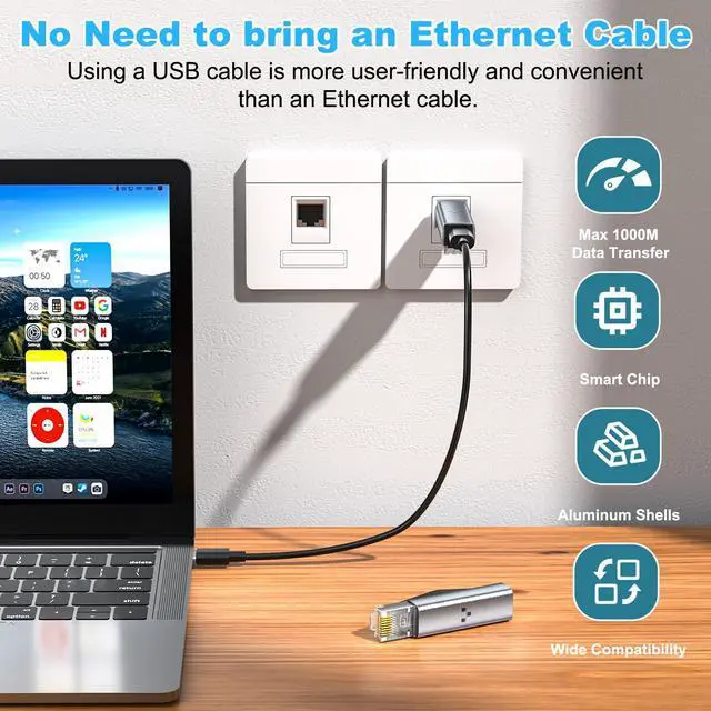 Alt view image 3 of 7 - USB C to Ethernet Adapter, Portable 1Gbps Gigabit RJ45 to Type-C, ethernet to USB c, Compatible with Daily Charging Cables, MacBook Pro/Air Switch XPS iPad iPhone 15 and Above ethernet Adapter